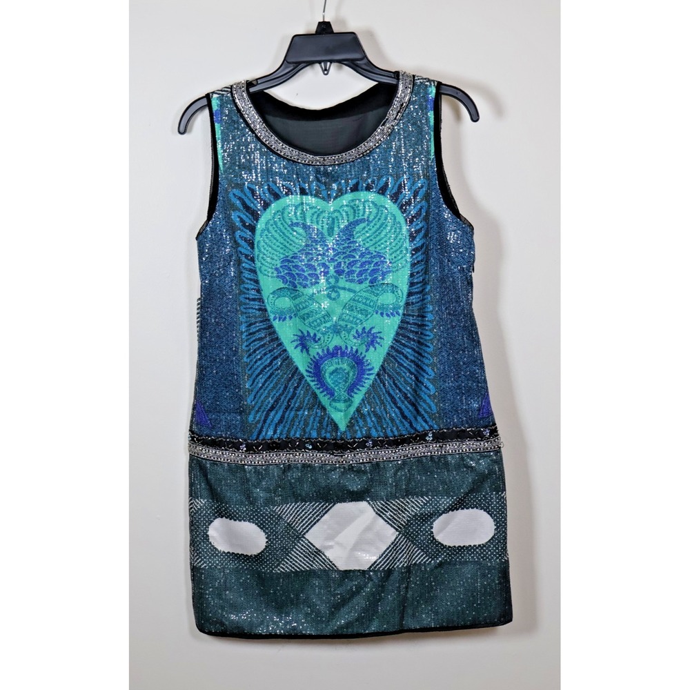 Custo Barcelona Dress Size 40 8 US Blue Sequins Graphic Sleeveless Y2K Vintage